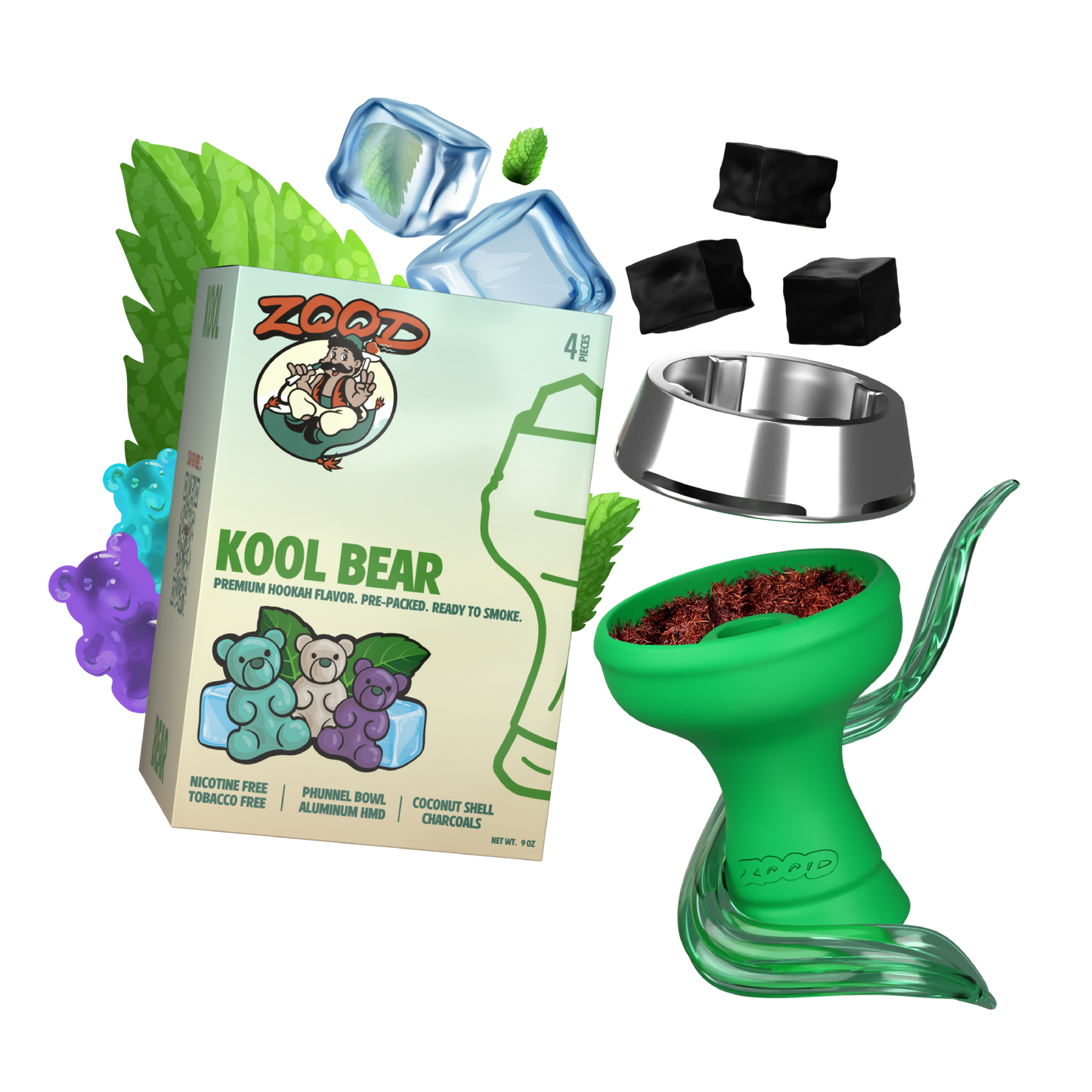 Zood-Hookah Shisha Flavor-Prepacked Shisha Bowl-Prepacked Hookah Bowl-Kool Bear-Mint Shisha Hookah Flavor-Gummy Bear Shisha Hookah Flavor-Disposable Hookah Shisha-HMD-Coconut Shell Charcoals-Silicon Bowl-Hookah Bundle-Shisha Bundle-Zood Hookah-Green Shisha Bowl