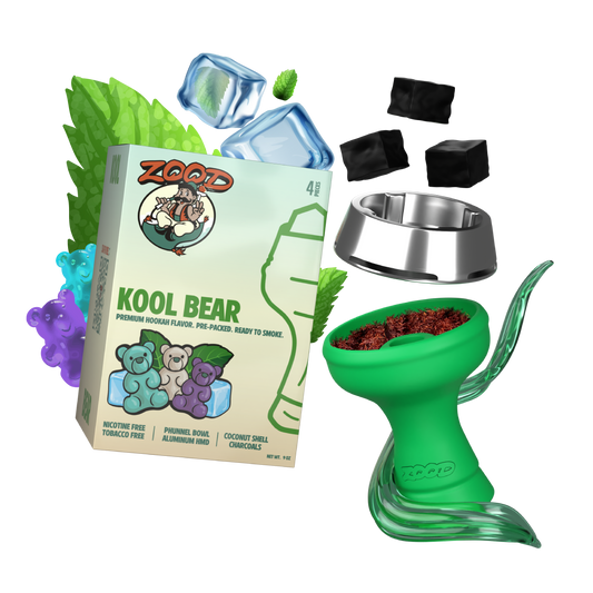 Zood-Hookah Shisha Flavor-Prepacked Shisha Bowl-Prepacked Hookah Bowl-Kool Bear-Mint Shisha Hookah Flavor-Gummy Bear Shisha Hookah Flavor-Disposable Hookah Shisha-HMD-Coconut Shell Charcoals-Silicon Bowl-Hookah Bundle-Shisha Bundle-Zood Hookah-Green Shisha Bowl